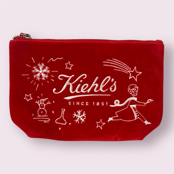 Kiehl's Red & White Velvet Zipper Holiday Christmas Cosmetic Makeup Bag New - Picture 1 of 3